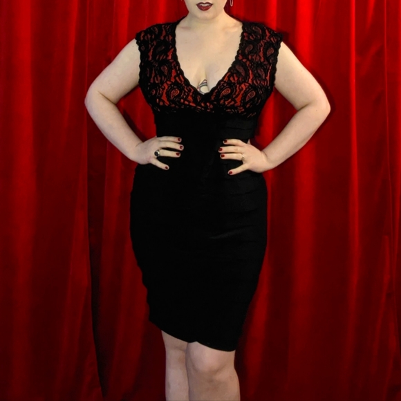 jones wear dress Dresses & Skirts - Red and black gothic lace pencil dress with ruffle detail size 14